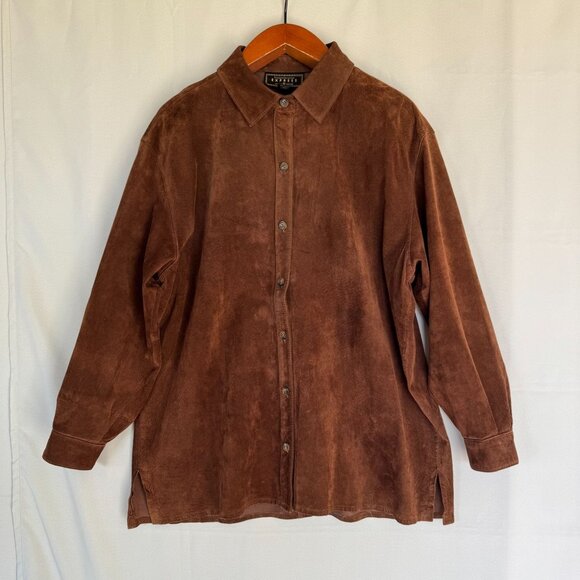 90s Vintage Express Brown Genuine Suede Leather boxy Shacket Jacket - Picture 1 of 14